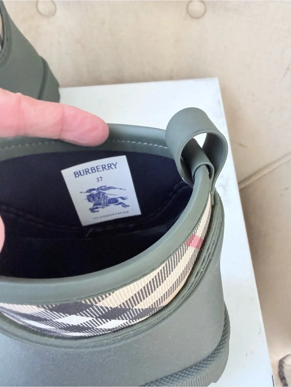 Burberry Olive Green Short Rain Boots with Signature Check Trim